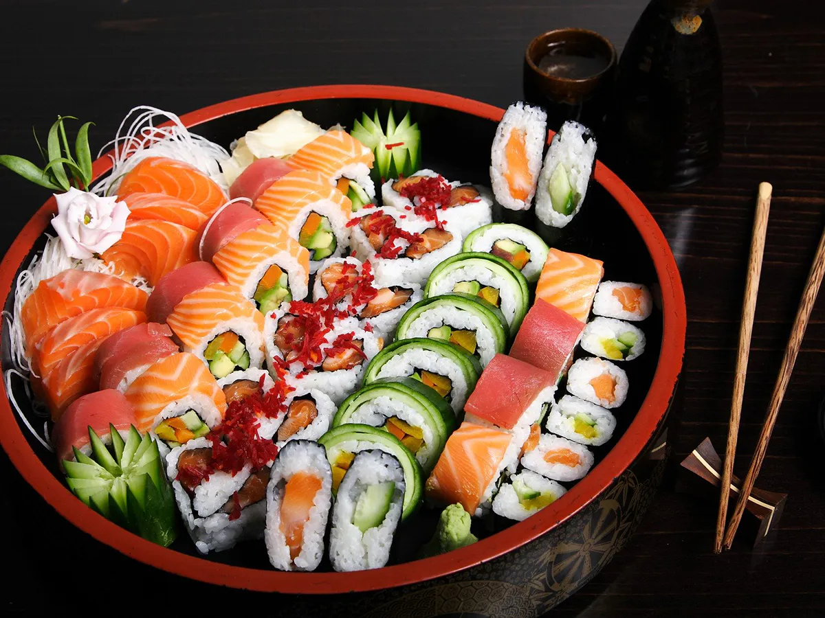 Colorful assorted sushi platter with salmon tuna and rolls at Osaka Sushi & Hibachi & Asian Bistro & All You Can Eat, an Asian Restaurant in Bloomfield